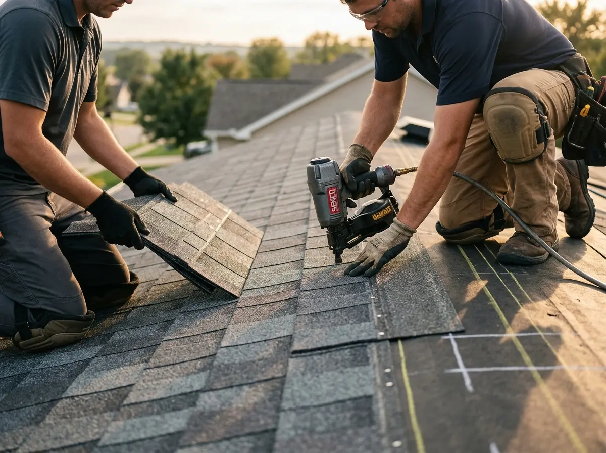 Professional roofer working on a residential roof in Mascoutah